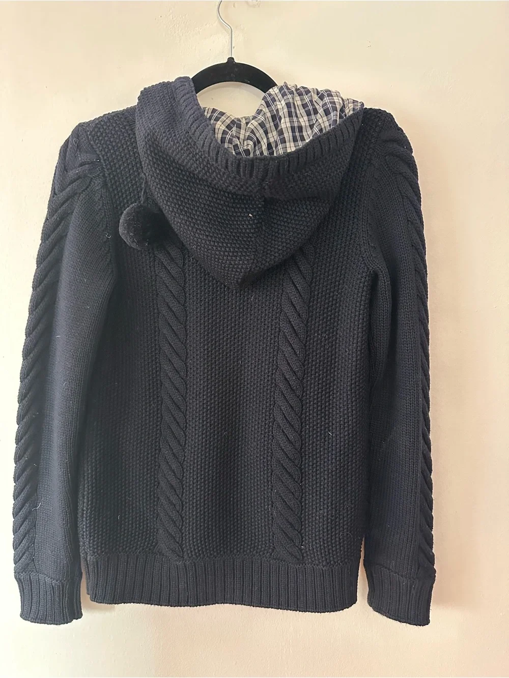 A.P.C. Zip up cardigan w/ plaid lined hood merino wool navy size small
